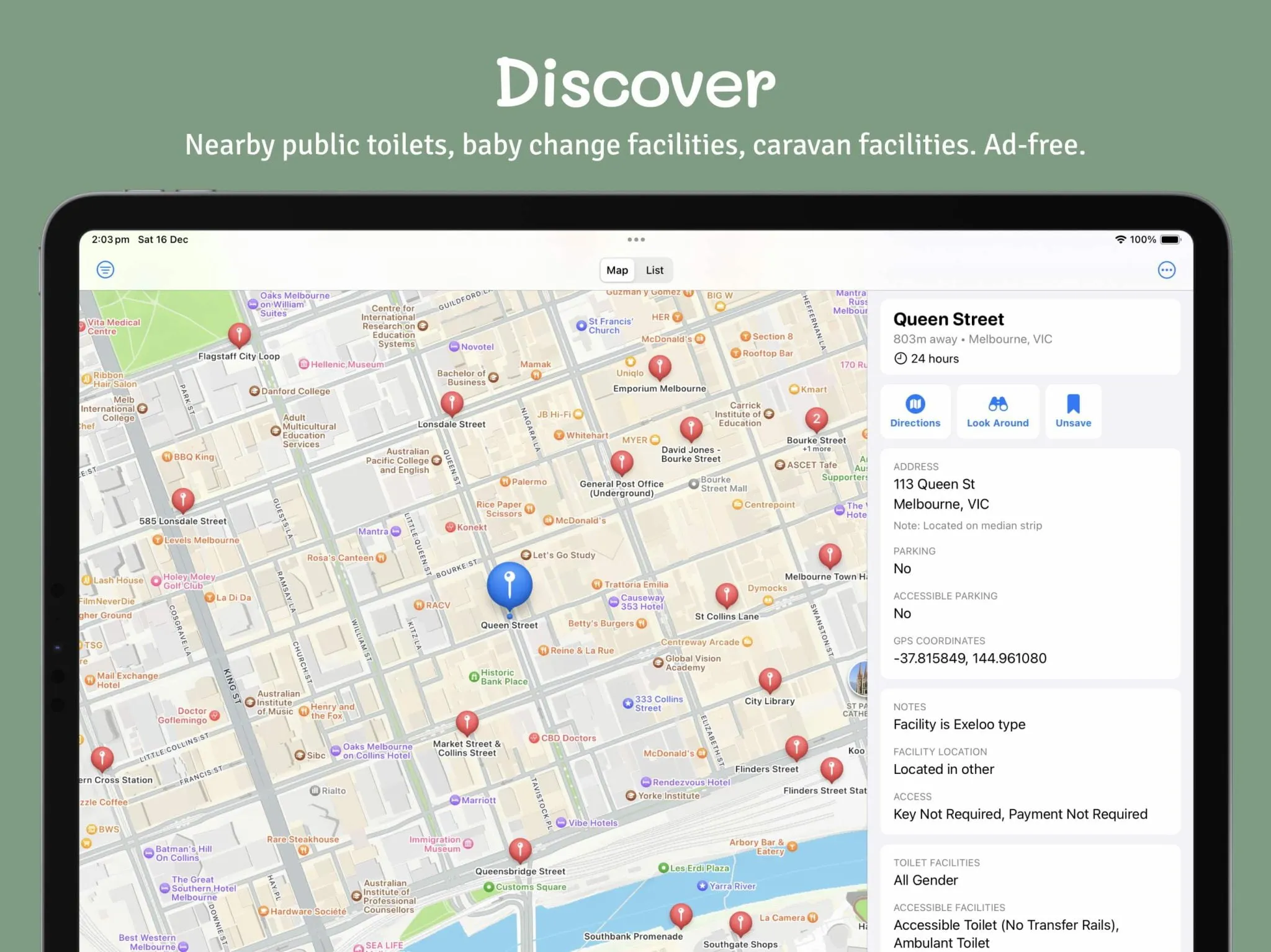 Public Toilets Australia showing nearby facilities on a map on iPad